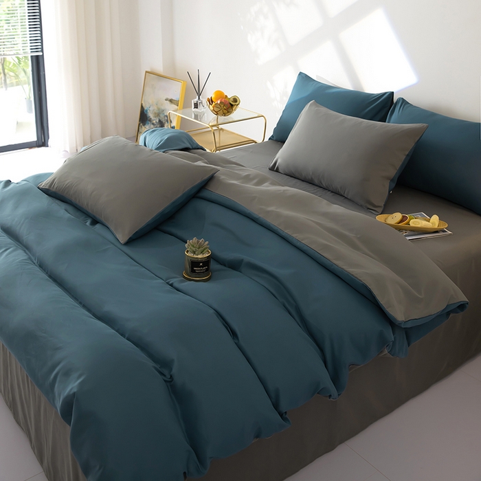 91家纺网 家纺一手货源 找家纺 梦莱家纺 2024新款亲肤磨毛纯色拼色轻奢系列四件套 深蓝+深灰