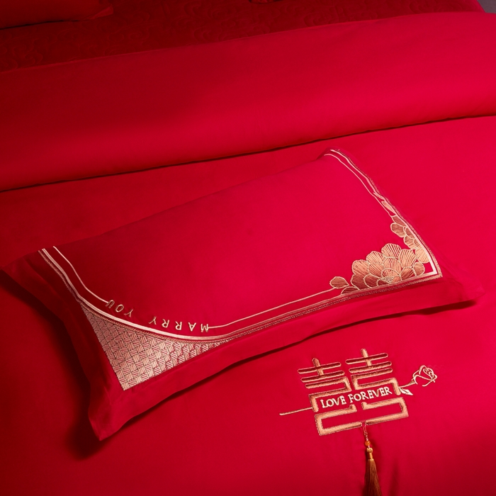 91家纺网 家纺一手货源 找家纺 振翼 2025新款40s全棉丝光喷气婚庆四件套多件套1携手一生