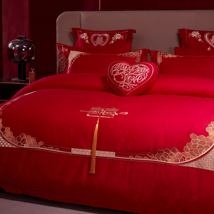 91家纺网 家纺一手货源 找家纺 振翼 2025新款40s全棉丝光喷气婚庆四件套多件套1携手一生