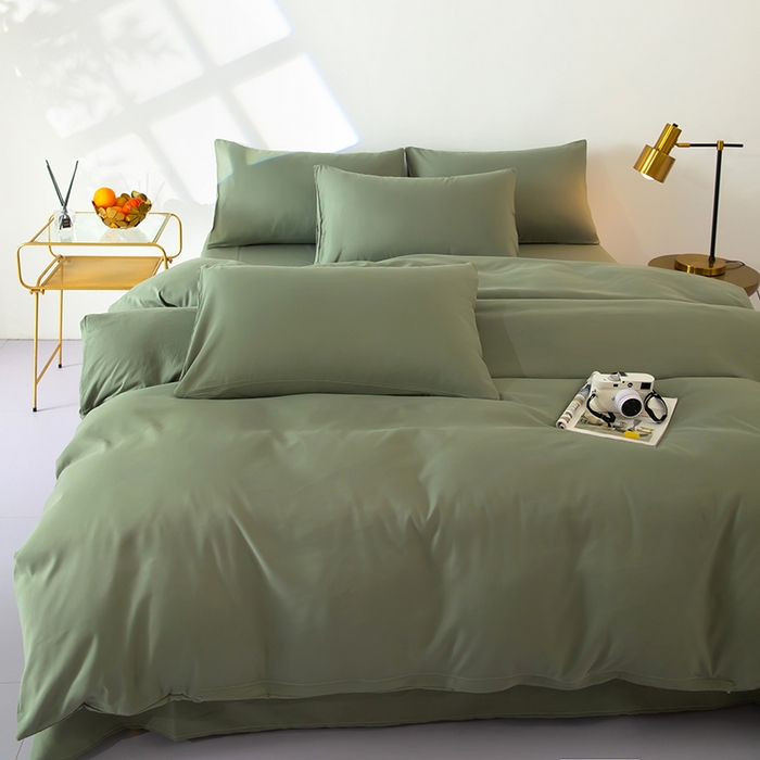 91家纺网 家纺一手货源 找家纺 梦莱家纺 2024新款亲肤磨毛纯色拼色轻奢系列四件套 橄榄绿