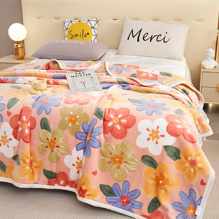 91家纺网 家纺一手货源 找家纺 悦织湾家纺 2025新款加厚云貂绒双面毛毯盖毯 缤纷花朵-粉