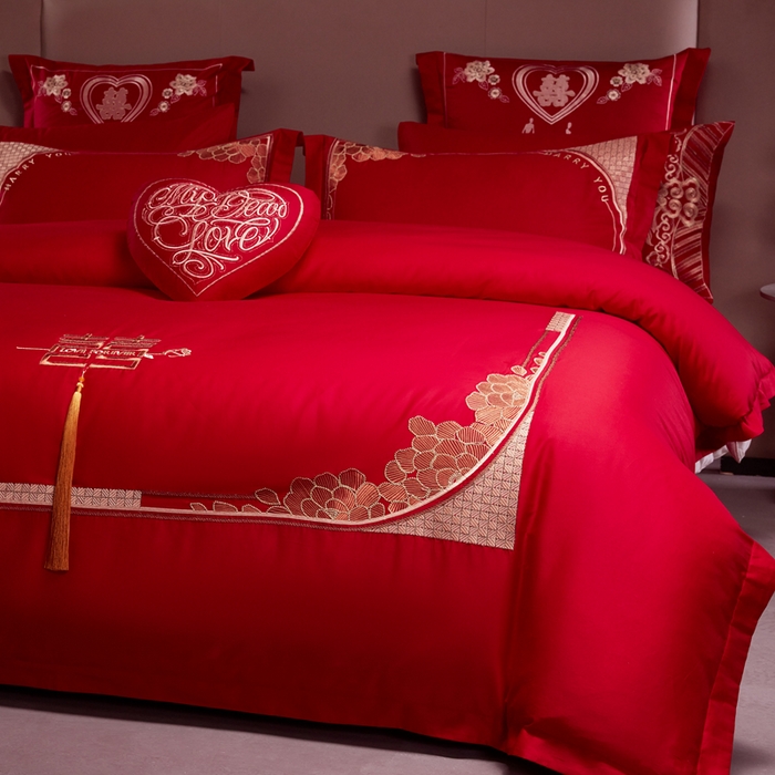 91家纺网 家纺一手货源 找家纺 振翼 2025新款40s全棉丝光喷气婚庆四件套多件套1携手一生