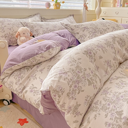 91家纺网 家纺一手货源 找家纺 （总）雅慕 2024新款直播爆款小清新亲肤针织棉加厚双层纱四件套