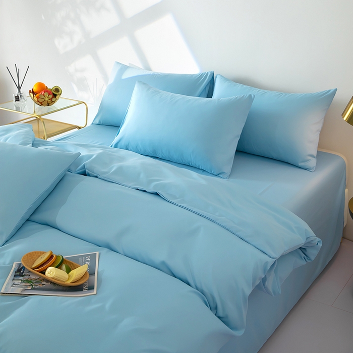 91家纺网 家纺一手货源 找家纺 梦莱家纺 2024新款亲肤磨毛纯色拼色轻奢系列四件套 天蓝