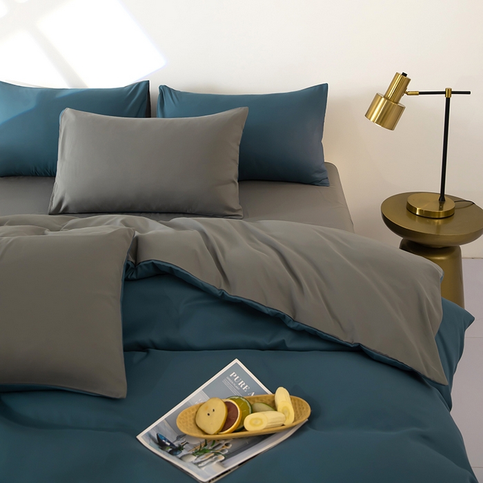 91家纺网 家纺一手货源 找家纺 梦莱家纺 2024新款亲肤磨毛纯色拼色轻奢系列四件套 深蓝+深灰