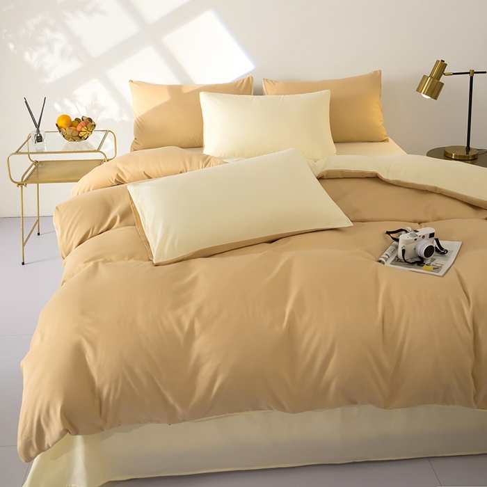 91家纺网 家纺一手货源 找家纺 梦莱家纺 2024新款亲肤磨毛纯色拼色轻奢系列四件套 卡其+米黄