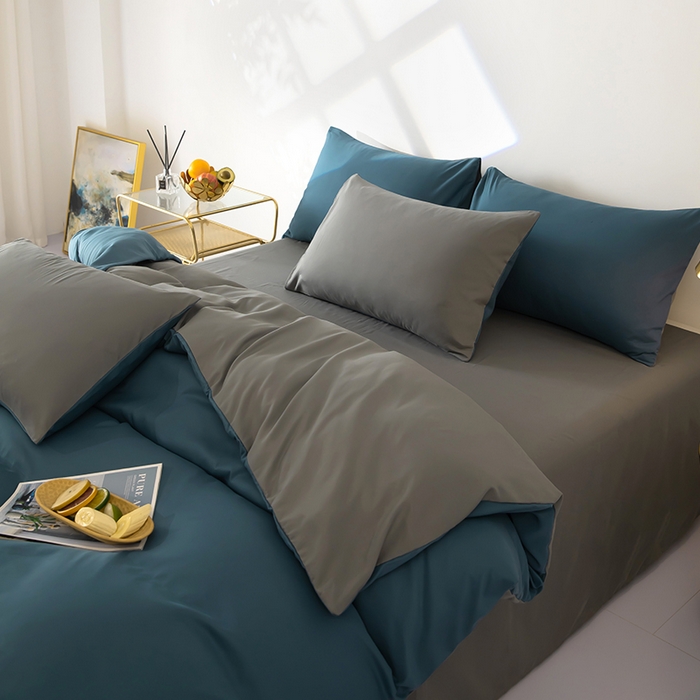 91家纺网 家纺一手货源 找家纺 梦莱家纺 2024新款亲肤磨毛纯色拼色轻奢系列四件套 深蓝+深灰