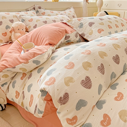 91家纺网 家纺一手货源 找家纺 （总）雅慕 2024新款直播爆款小清新亲肤针织棉加厚双层纱四件套