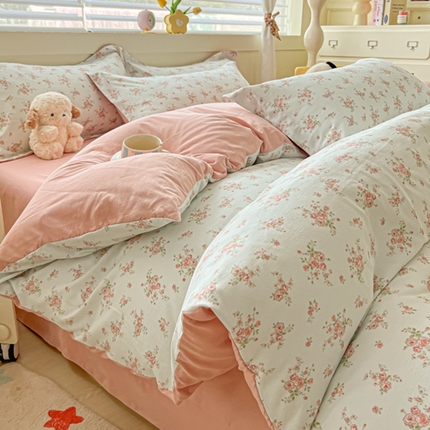 91家纺网 家纺一手货源 找家纺 （总）雅慕 2024新款直播爆款小清新亲肤针织棉加厚双层纱四件套