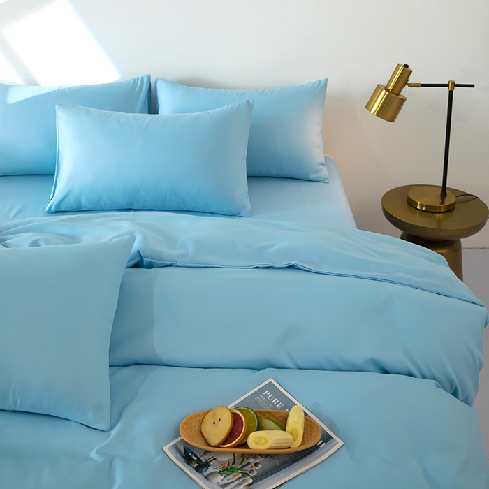 91家纺网 家纺一手货源 找家纺 梦莱家纺 2024新款亲肤磨毛纯色拼色轻奢系列四件套 天蓝