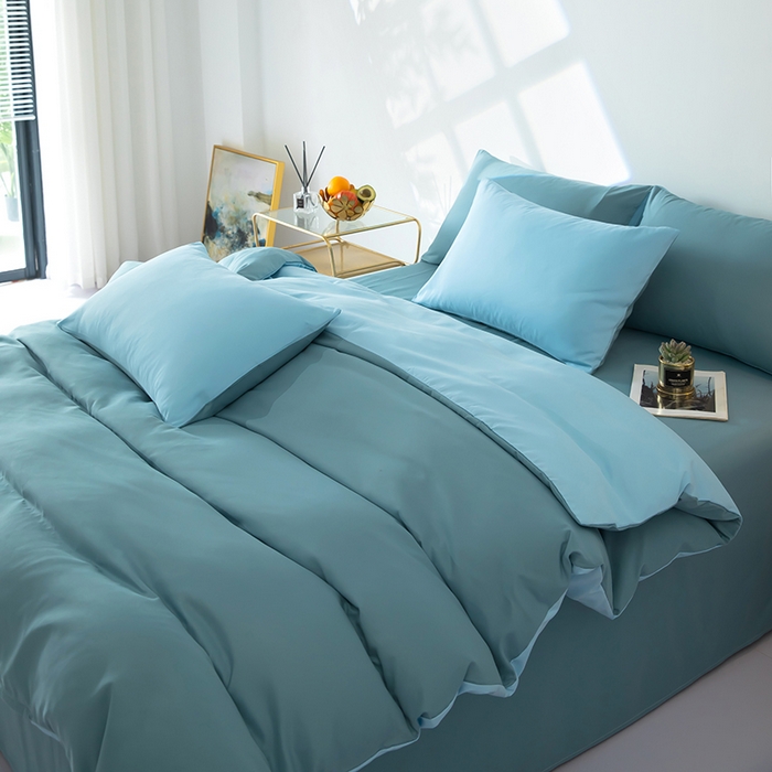 91家纺网 家纺一手货源 找家纺 梦莱家纺 2024新款亲肤磨毛纯色拼色轻奢系列四件套 青蓝+天蓝