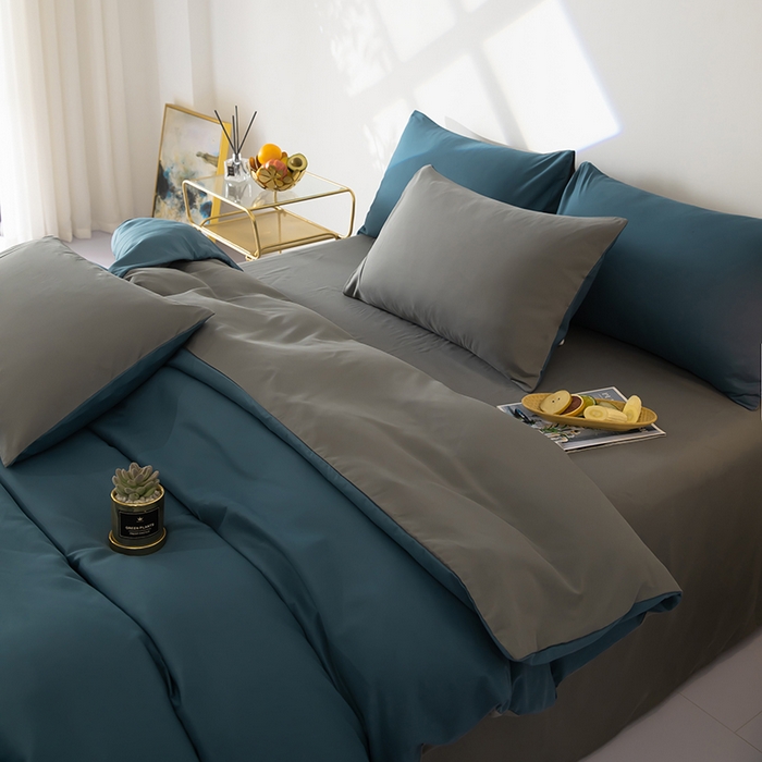 91家纺网 家纺一手货源 找家纺 梦莱家纺 2024新款亲肤磨毛纯色拼色轻奢系列四件套 深蓝+深灰