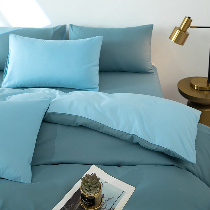 91家纺网 家纺一手货源 找家纺 梦莱家纺 2024新款亲肤磨毛纯色拼色轻奢系列四件套 青蓝+天蓝