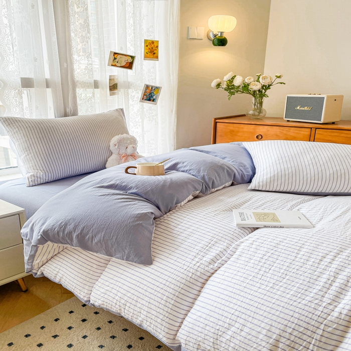 91家纺网 家纺一手货源 找家纺 悦织湾家纺 2025新款水洗棉纯色条纹小眼睛学生宿舍三件套 良品条纹紫