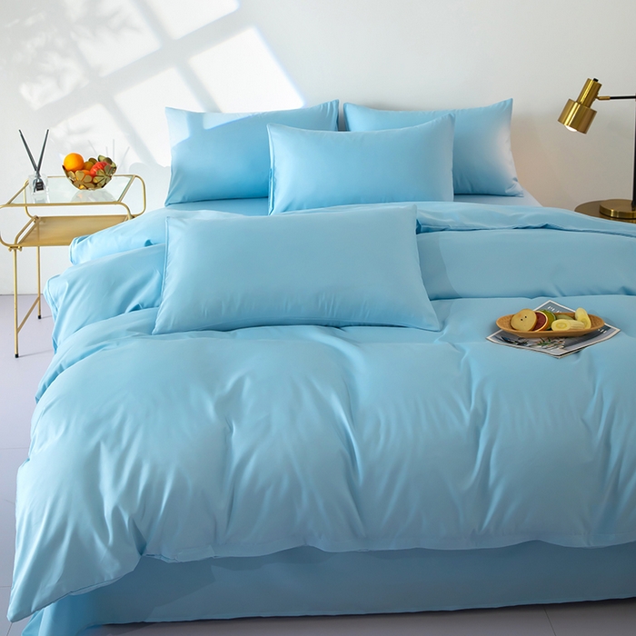 91家纺网 家纺一手货源 找家纺 梦莱家纺 2024新款亲肤磨毛纯色拼色轻奢系列四件套 天蓝