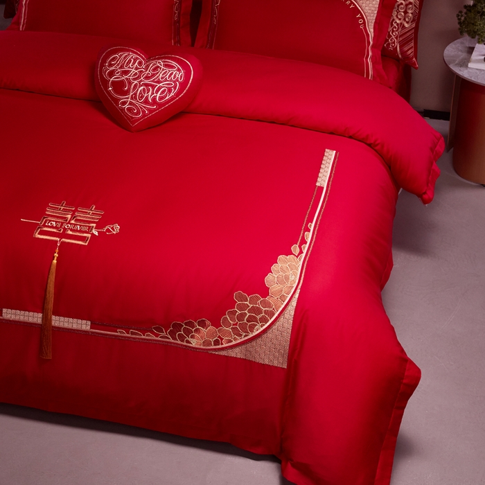 91家纺网 家纺一手货源 找家纺 振翼 2025新款40s全棉丝光喷气婚庆四件套多件套1携手一生