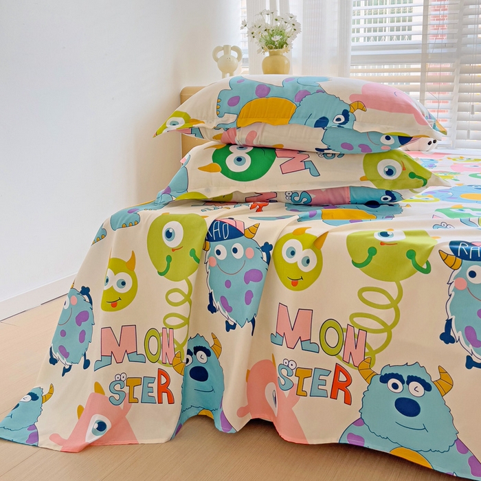 91家纺网 家纺一手货源 找家纺 楠沐家纺  2025新款印花亲肤芦荟棉水洗棉床单系列-床单(第二批) 怪兽大学