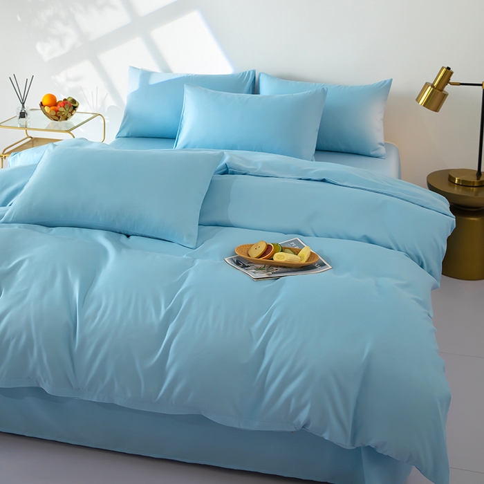 91家纺网 家纺一手货源 找家纺 梦莱家纺 2024新款亲肤磨毛纯色拼色轻奢系列四件套 天蓝