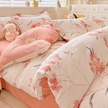 91家纺网 家纺一手货源 找家纺 （总）雅慕 2024新款直播爆款小清新亲肤针织棉加厚双层纱四件套