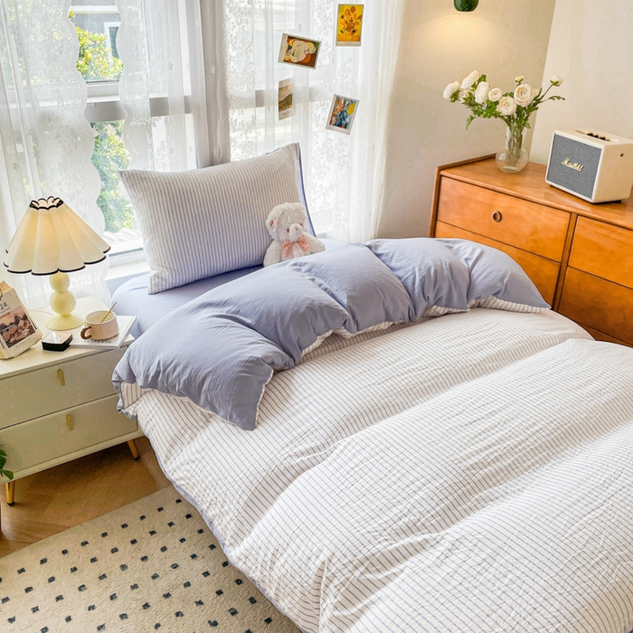 91家纺网 家纺一手货源 找家纺 悦织湾家纺 2025新款水洗棉纯色条纹小眼睛学生宿舍三件套 良品条纹紫