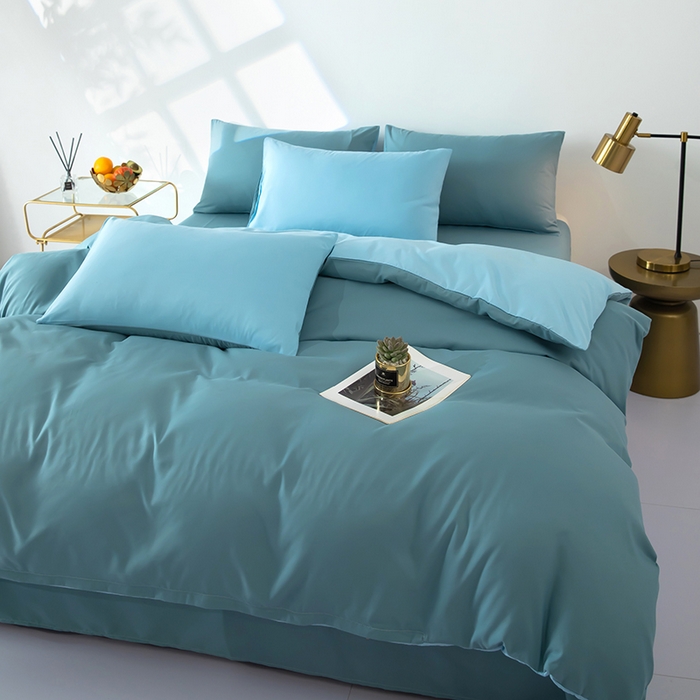 91家纺网 家纺一手货源 找家纺 梦莱家纺 2024新款亲肤磨毛纯色拼色轻奢系列四件套 青蓝+天蓝