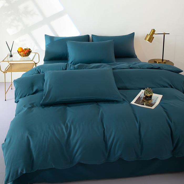 91家纺网 家纺一手货源 找家纺 梦莱家纺 2024新款亲肤磨毛纯色拼色轻奢系列四件套 深蓝