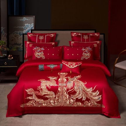 91家纺网 家纺一手货源 找家纺 振翼 2025新款40s全棉丝光喷气婚庆四件套多件套1祥龙喜凤