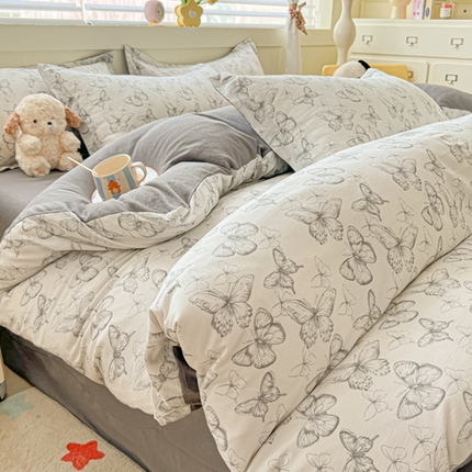 91家纺网 家纺一手货源 找家纺 （总）雅慕 2024新款直播爆款小清新亲肤针织棉加厚双层纱四件套