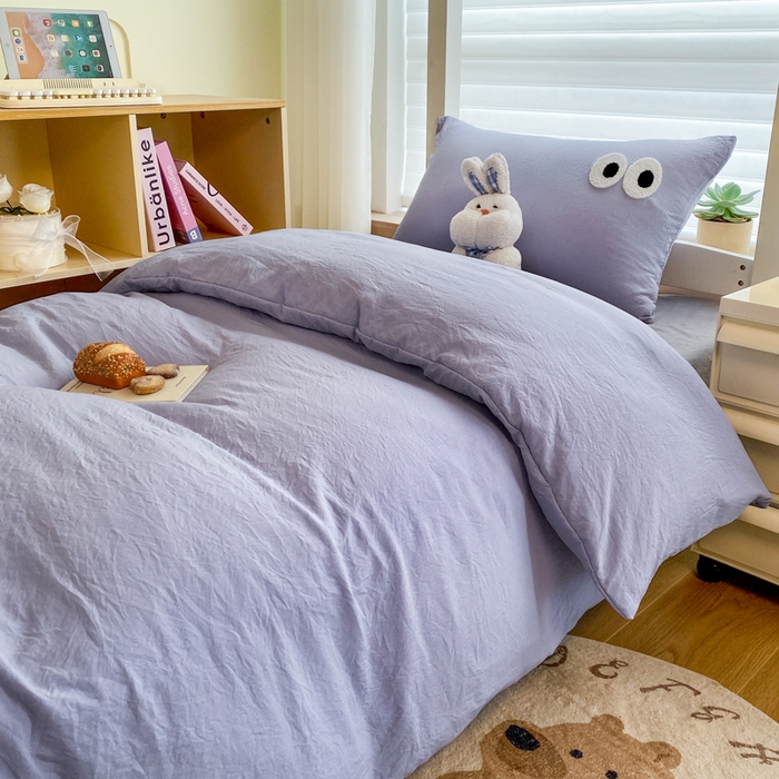 91家纺网 家纺一手货源 找家纺 悦织湾家纺 2025新款水洗棉纯色条纹小眼睛学生宿舍三件套 小眼睛蓝紫