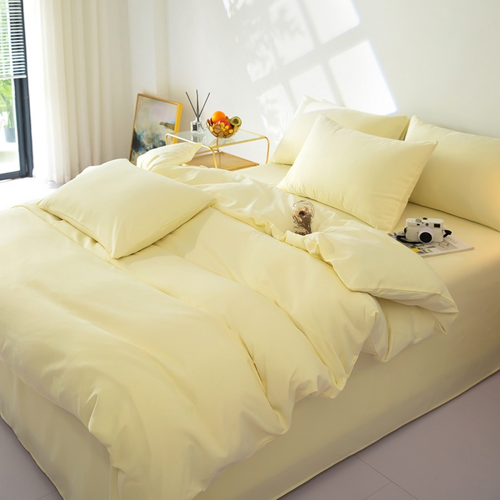 91家纺网 家纺一手货源 找家纺 梦莱家纺 2024新款亲肤磨毛纯色拼色轻奢系列四件套 米黄