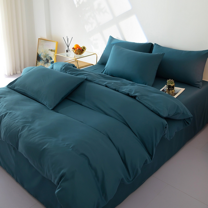 91家纺网 家纺一手货源 找家纺 梦莱家纺 2024新款亲肤磨毛纯色拼色轻奢系列四件套 深蓝