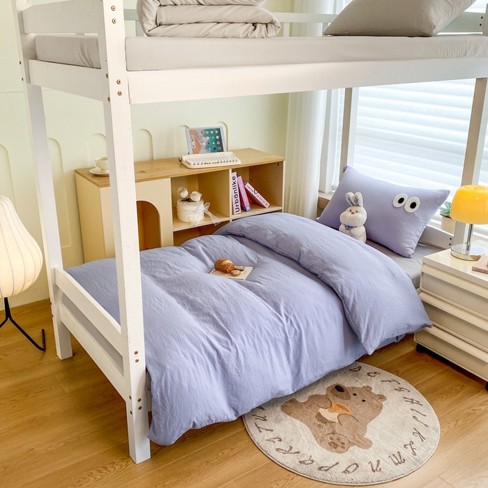 91家纺网 家纺一手货源 找家纺 悦织湾家纺 2025新款水洗棉纯色条纹小眼睛学生宿舍三件套 小眼睛蓝紫