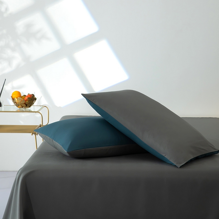 91家纺网 家纺一手货源 找家纺 梦莱家纺 2024新款亲肤磨毛纯色拼色轻奢系列四件套 深蓝+深灰