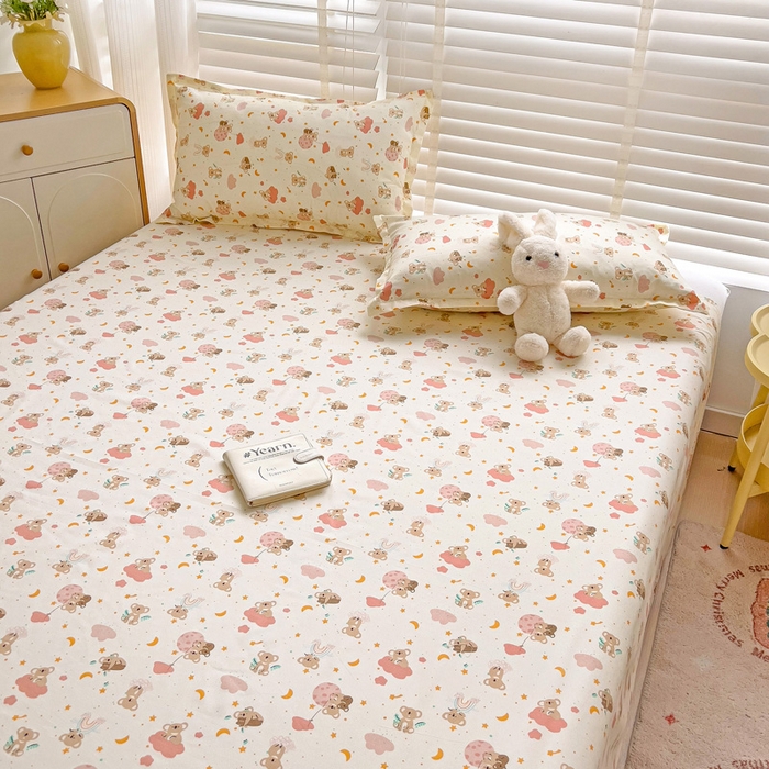 91家纺网 家纺一手货源 找家纺 楠沐家纺  2025新款印花亲肤芦荟棉水洗棉床单系列-床单(第二批) 彩虹猴