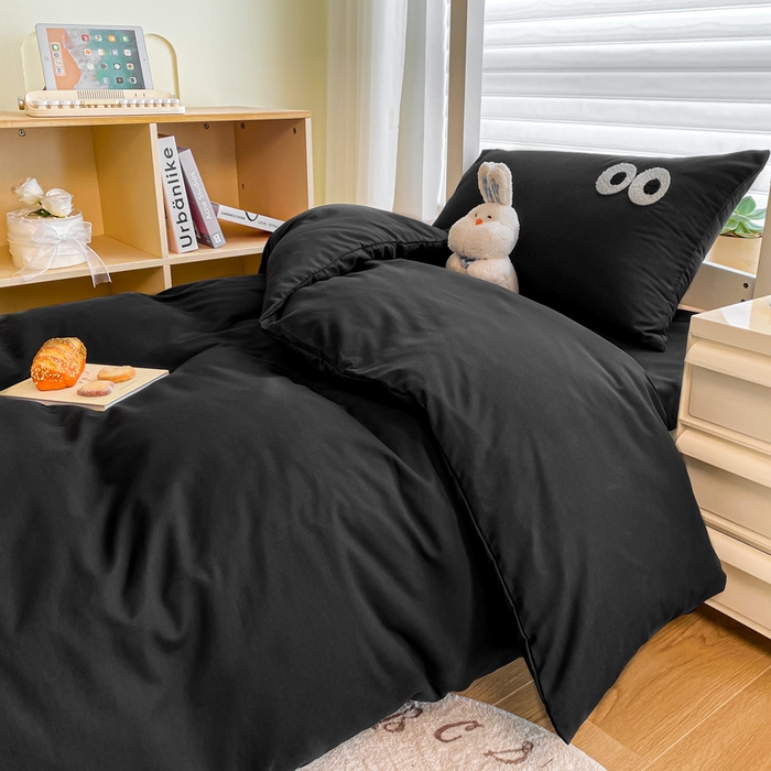 91家纺网 家纺一手货源 找家纺 悦织湾家纺 2025新款水洗棉纯色条纹小眼睛学生宿舍三件套 小眼睛酷黑