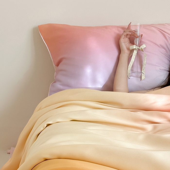 91家纺网 家纺一手货源 找家纺 2024新款60支兰精天丝数码印花四件套 朝霞-柔和桃渐变