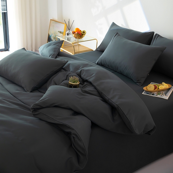 91家纺网 家纺一手货源 找家纺 梦莱家纺 2024新款亲肤磨毛纯色拼色轻奢系列四件套 深灰