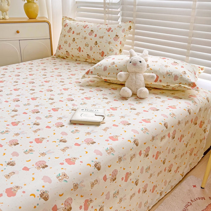 91家纺网 家纺一手货源 找家纺 楠沐家纺  2025新款印花亲肤芦荟棉水洗棉床单系列-床单(第二批) 彩虹猴