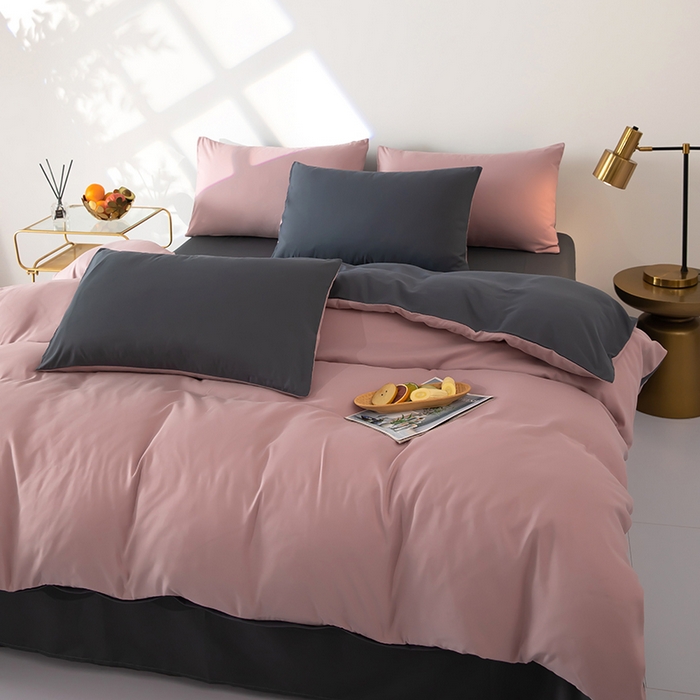 91家纺网 家纺一手货源 找家纺 梦莱家纺 2024新款亲肤磨毛纯色拼色轻奢系列四件套 粉+深灰