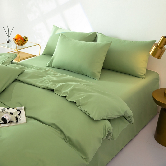 91家纺网 家纺一手货源 找家纺 梦莱家纺 2024新款亲肤磨毛纯色拼色轻奢系列四件套 果绿