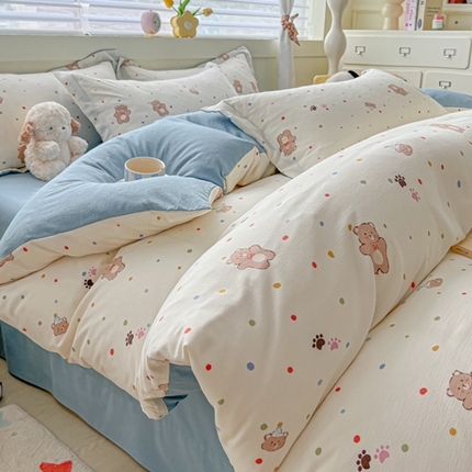 91家纺网 家纺一手货源 找家纺 （总）雅慕 2024新款直播爆款小清新亲肤针织棉加厚双层纱四件套