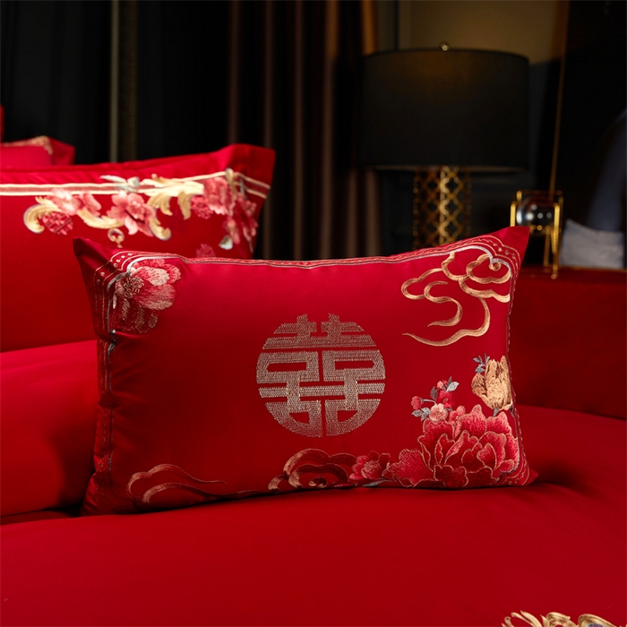 91家纺网 家纺一手货源 找家纺 美娘阁 2025新款长绒棉贡缎新中式古典韵味精美刺绣婚庆四件套多件套系列 花样时光