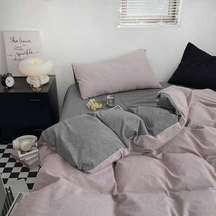 2024新款A类全棉纯棉纯色双拼色织水洗棉四件套 豆沙拼深灰