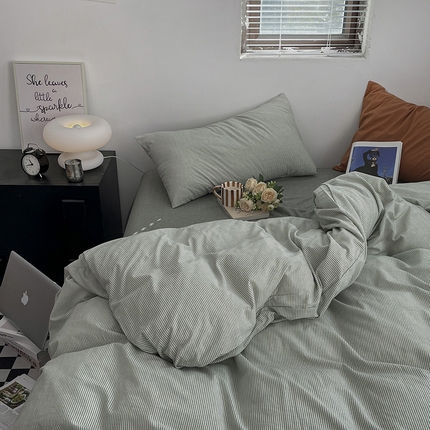 2024新款A类全棉纯棉纯色双拼色织水洗棉四件套 绿密条