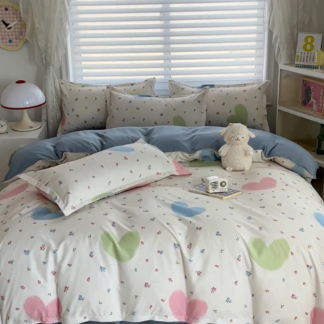 91家纺网 家纺一手货源 找家纺 楠沐家纺 （套件）2025新款亲肤芦荟棉美棉磨毛印花四件套(第二批) 爱心满满