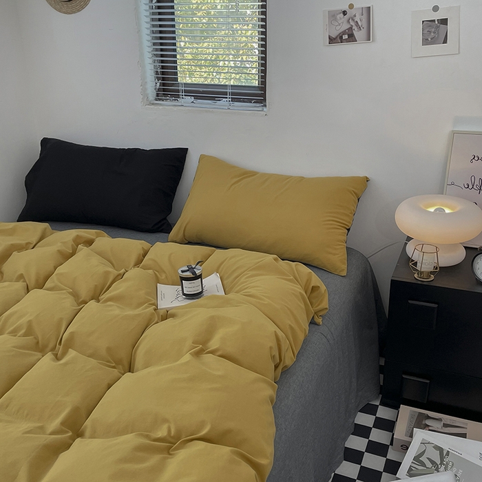 91家纺网 家纺一手货源 找家纺 2024新款A类全棉纯棉纯色双拼色织水洗棉四件套 姜黄拼深灰