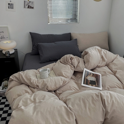 2024新款A类全棉纯棉纯色双拼色织水洗棉四件套 卡其混搭小灰格