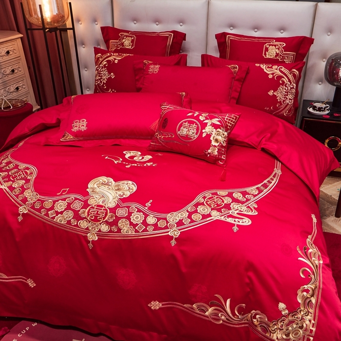 91家纺网 家纺一手货源 找家纺 美娘阁 2025新款长绒棉贡缎提花款新中式古典韵味精美刺绣婚庆四件套多件套 爱意浓浓（金）