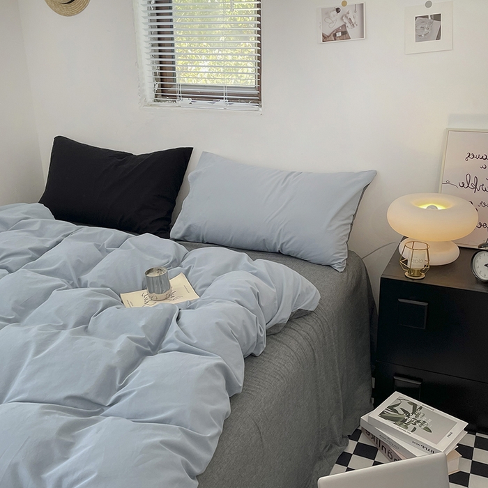 91家纺网 家纺一手货源 找家纺 2024新款A类全棉纯棉纯色双拼色织水洗棉四件套 雾蓝拼深灰