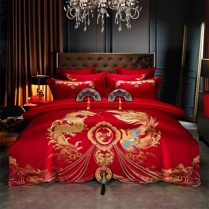 美娘阁 2025新款长绒棉贡缎新中式古典韵味精美刺绣婚庆四件套多件套系列 凤舞九天